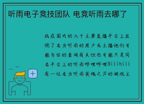 听雨电子竞技团队 电竞听雨去哪了